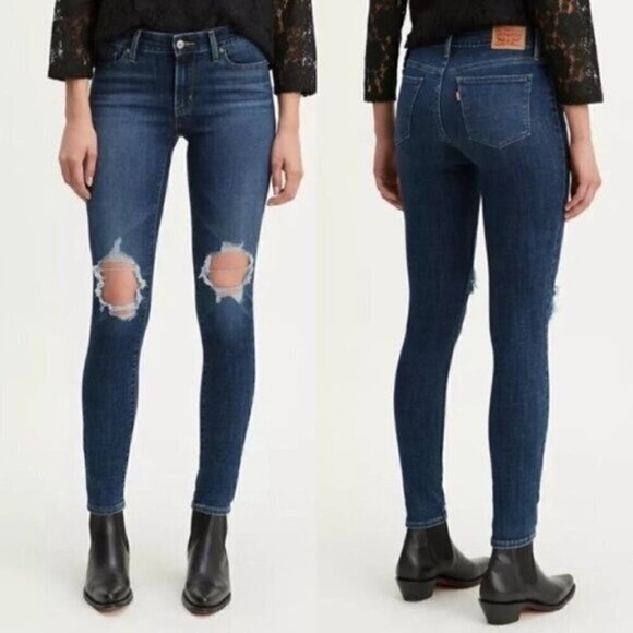 NEW Levis 711 Mid Rise Skinny Jeans Size 24 Dark Blue Wash Distressed - Picture 1 of 6